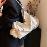 SHEIN 1pc White Plain PU Handbag With Metal Chain Strap, Multiple Compartments, Tassel Decor, Zippered Closure, Fashionable And Retro Crossbody Bag Suitable