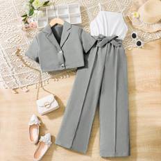 Tween Girl Solid Color Short Sleeve Top And Jumpsuit Two Pieces Set - Grey - 8Y,9Y,10Y,11-12Y