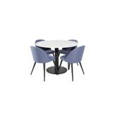EstelleØ106WHBL spisebordssæt spisebord hvid, marmor og 4 Velvet stole blå.