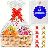 15pcs/set Large Clear Cellophane Gift Bags With 15 Pull Bows, Water-resistant Hamper Wrapping Bags, Tear-resistant Plastic Basket Bags For Presents And Packaging