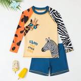 SHEIN Young Boy's Zebra & Giraffe Print Long Sleeve Top And Shorts Swimsuit Set