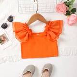 Young Girl Orange Chiffon Ruffle Sleeve Crop Top With Sweet Rolled Hem Summer - Orange - 6Y,7Y,4Y,5Y