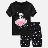 SHEIN Young Girl Cartoon Character Print Short Sleeve Top And Polka Dot & Star Print Shorts Pajama Set, Spring/Summer