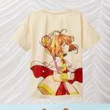 SHEIN Tween Girl Summer Casual Short Sleeve T-Shirt, With Sakura, Girl And Magic Wand Printed Round Neck And Drop Shoulder Design