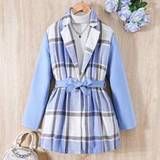 Teen Girl Plaid Lapel Neck Belted Coat Without Sweater - Blue - 14Y,13Y,16Y,15Y