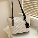 Womens Fashionable Woven Tote Bag With Hang Tag Decoration Suitable For Commuting Daily Life Campus And Outdoor Activities - Beige