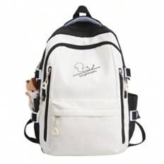 Campus School Backpack For Boys With Pendant Solid Color With Squirrel Pattern Waterproof Nylon Student Shoulder Bag For Junior High School Boys Book  - White