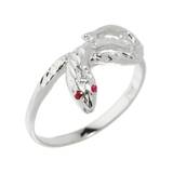 Red CZ Precision Cut Snake Contemporary Ring in 9ct White Gold