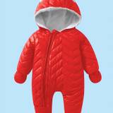 Cute Hooded Baby Snowsuit Romper: Long Sleeve Zipper Plush Winter Thermal Jumpsuit With Gloves 2pcs Set For Baby Boys Toddler Clothes