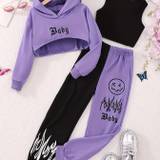 Girls 3pcs, Baby Print Outfits Cropped Hoodies + Tank Top +jogger Pants Kids Clothes