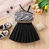 Baby Girl Outfits Zebra Print Oblique Shoulder Top And Black Pleated Skirt Elegant And Cute Baby Fashion - Multicolor - 6-9M,9-12M,12-18M,18-24M,2-3Y,3-6M