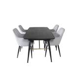 Gold spisebordssæt spisebord udtræksbord længde cm 180 / 220 sort og 4 Comfort stole fløjl lysegrå, sort.