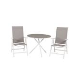 havesæt m. Parma Cafébord (Ø 90) og 2 Break stole m. armlæn - hvid alu/grå textilene