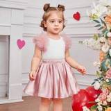 SHEIN Baby Girl's Casual Knitted Mesh Patchwork Sleeveless Top With Satin A-Line Skirt Set
