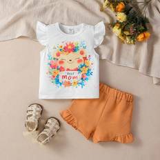 Baby Girl Simple Style Cartoon Animal  Flower Print Vest And Check Ruffle Hem Shorts Set Cute And Casual Summer Outfits - Multicolor - 6-9M,9-12M,12-18M,18-24M,2-3Y,3-6M