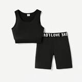SHEIN Young Girl Patpat 2pcs Kid Girl Solid Color Tank Top And Letter Print Shorts Sporty Set