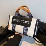 SHEIN 1pc Fashionable Black And White Patchwork Denim Tote Bag With Letter Embroidery Design