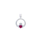 Red CZ Claddagh Medium Heart Necklace in Sterling Silver