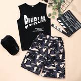 SHEIN Teen Boy's Letter Printed Casual Tank Top And Camouflage Print Shorts