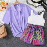 SHEIN Tween Girls' Solid Color Short Sleeve Open Front Top Vest And Zebra Pattern Shorts Set
