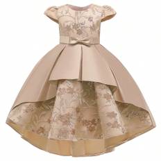Young Girl Pure Color Satin Embroidered Bow Decorated Gorgeous Flower Girl Party Dress - Gold - 6Y,7Y,8Y,4Y,5Y