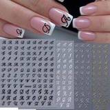 SHEIN 4PCS English Letter Nail Stickers Alphabet White Black Gold Silver DIY Adhesive Decals 3D Artistic Design Nail Art Decoration Manicure Nail Supplies