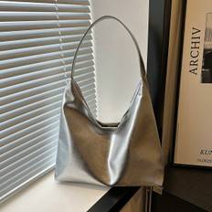Retro Solid Color Tote Bag Soft Leather PU Shoulder Bag Womens Hobo Handbag For Commuting And Shopping - Silver