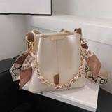 Small Bucket Bag Chain Decor Fashion Style Candy Color Mini Bucket Bags Pu Leather Women Handbag Shoulder Crossbody Chain Small Ladies Purse And Handb - White - one-size