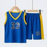 SHEIN 2pcs/Set Boys' Color Block Printed Sports Vest And Shorts Set, Quick Dry Breathable Basketball Jersey