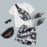 Teen Boys Casual Camouflage Printed Crossbody Bag Pattern Round Neck Short Sleeve TShirt And Shorts Knit Two Piece Set - Black and White - 14Y,13Y,16Y,15Y