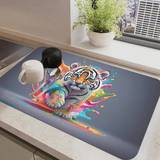 SHEIN 1pc Rainbow Tiger Patterned Coffee Printed Bowl And Plate Drying Mat, High Water Absorption Tableware Sink Drainage Mat, Household Kitchen Supplies