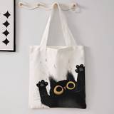 1pc Men's Hand-painted Cat Pattern Double-sided Print Casual Tote Bag, Trendy Reusable Backpack, Versatile Handbag, Letter Print Canvas Shopper Bag