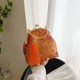 SHEIN Retro Handbag Women's Embroidered Tassel Clip Buckle Shell Bag 2024 Spring New Silk Handbag Flower Chain Travel Small Square Bag Underarm Pouch,Tready