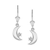 Crescent Moon Star Drop Earrings in 9ct White Gold