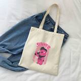 SHEIN A Simple And Fashionable Pink Canvas Bag With A Small Dog Drinking Sinner Letter Print, Large Capacity Women Casual Handbag Suitable For Travel, Commu