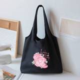 SHEIN A Black Fashionable Canvas Handbag For Women With A Pink-Looking Bear Graffiti Print, Can Be Used As A Reusable Travel And Daily Tote Bag, Easy To Car