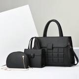 SHEIN 3pcs Black Pu Material Practical All Seasons Tote Bag Set For Going Out, Commuting, Business Reception With Classic Diamond Pattern, Solid & Colorbloc