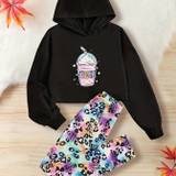 2pcs Girl's Drink Pattern Outfit, Hoodie & Color Gradient Pants Set, Leopard Pattern Leggings, Kid's Clothes For Spring Fall Winter