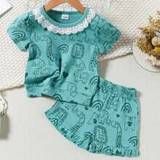 SHEIN Young Girl Animal Print Lace Trim Round Neck Short Sleeve Top & Shorts Set