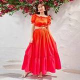 Teen Girls Holiday Style Off Shoulder Short Sleeve Cropped Top And Gradient Chiffon Maxi Skirt Two Piece Set - Multicolor - 14Y,13Y,16Y,15Y