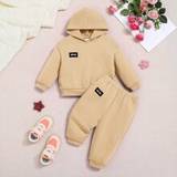 Baby Girls Casual Hooded Sweatshirt And Long Pants Tracksuit With Letter Applique Medium Thickness - Khaki - 6-9M,9-12M,12-18M,18-24M,2-3Y