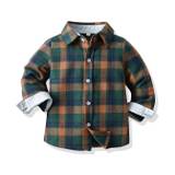 Boys Flannel Label Plaid Button Up Shirts, Top For Gentleman Suit Kids Clothes