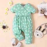 SHEIN Patpat Baby Girl All Over Floral Print V Neck Short-Sleeve Snap-Up Jumpsuit