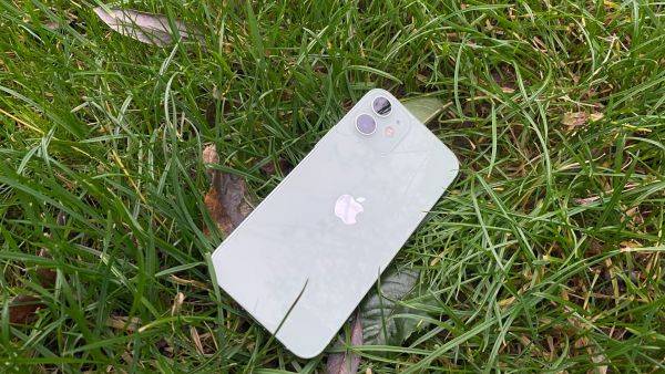 Apple iPhone 12 Mini, der ligger med bagsiden opad i græsset