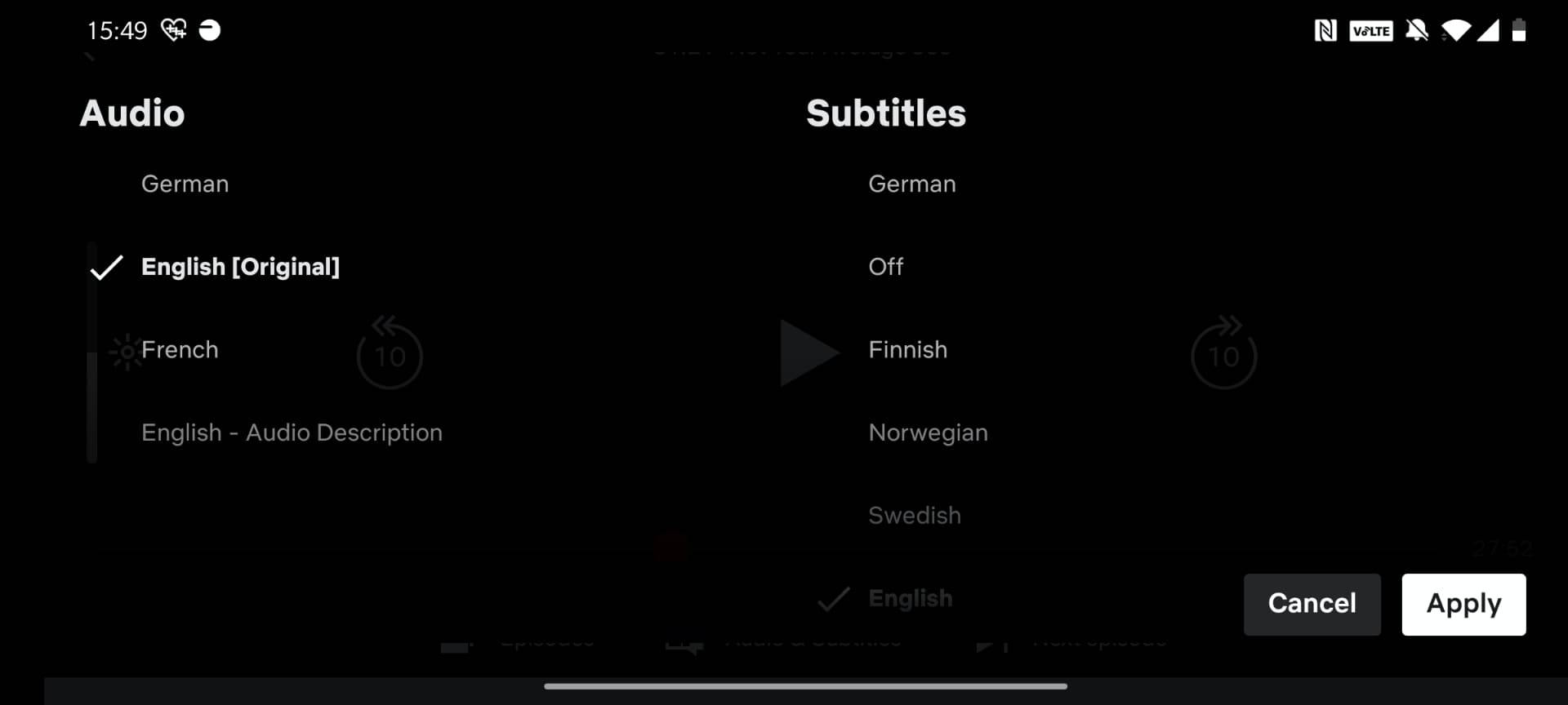 Skærmbilleder af Netflix menu valg af sprog og undertekster