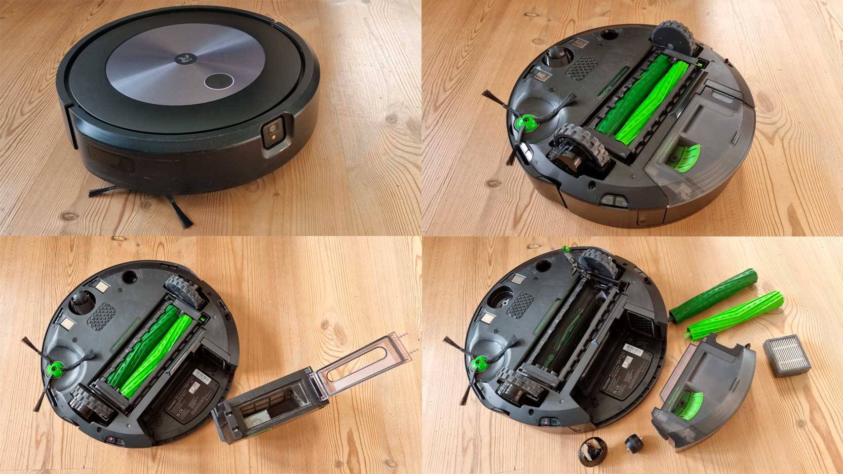 Billede fra test af iRobot Roomba J7+ collage af delen på undersiden