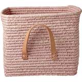 Pink Opbevaringskurve Børneværelse Rice Small Square Raffia Basket with Leather Handles