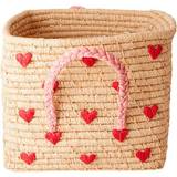 Beige Opbevaringskurve Rice Raffia Basket with Embroidered Hearts