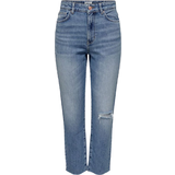 Dame - L31 - W33 Jeans Only Emily High Waisted Destroyed Straight Fit Jeans - Blue/Light Medium Blue Denim