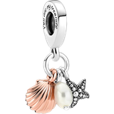 Pandora Hvid Charms & Vedhæng Pandora Treated Freshwater Cultured, Starfish & Shell Triple Dangle Charm - Silver/Rose Gold/Pearl